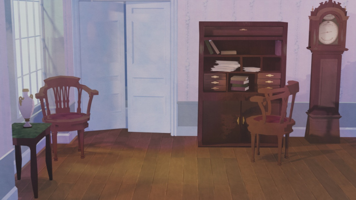 A 3d render of a regency drawing room, in a cartoony cell shaded style. 