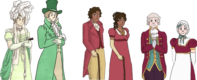 Original and genderflipped versions of various Northanger Abbey characters. They are all wearing conventional regency wear and both versions have the same colours. Mrs Allen, who is in fancy green clothes. Henry Tilney, who is in dark pink and using a cane. A footman in livery, the female version is dressed as a maid. In every case the female version is about half a head shorter.