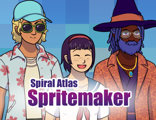 Three sprites, a beachy androgynous person, a schoolgirl, and a wizard, with the title 'Spiral Atlas Spritemaker'