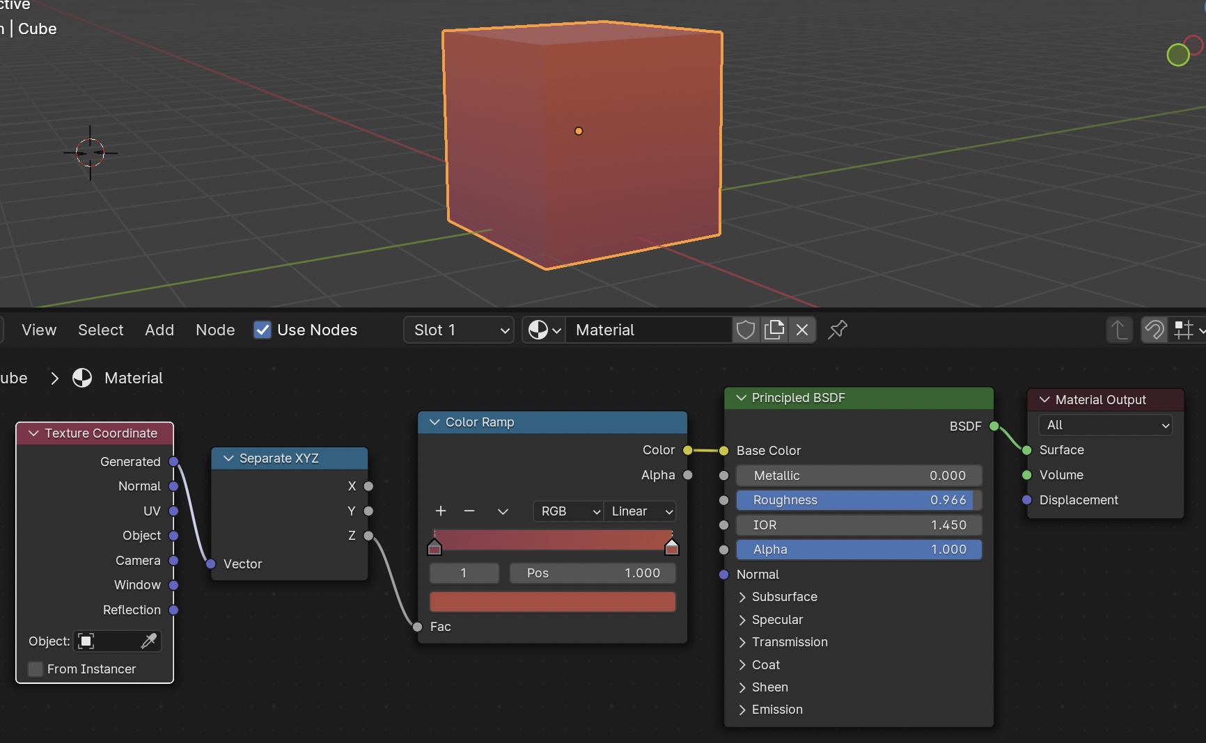 illustration of procedural red gradient on a cube
