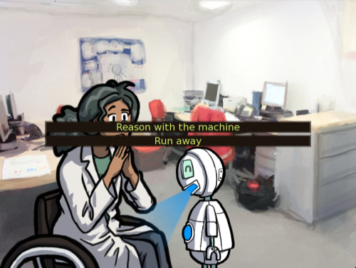 A wheelchair using person considers a small robot, overlaid by the choices Reason With The Machine and Run Away